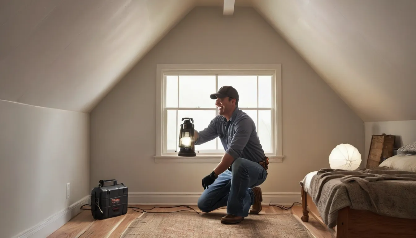 Friendly pest and wildlife provider inspecting an attic roofline in a Aberdeen area home
